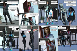 3d absurdres bodysuit comic drone female_only femsub glasses latex liquid_metal original robotization text transformation uzobono rating:Questionable score:25 user:SilverSlime