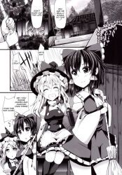 black_hair blonde_hair breasts comic greyscale hat heterosexual large_breasts marisa_kirisame reimu_hakurei right_to_left smile text touhou witch witch_hat rating:Explicit score:6 user:ccbb