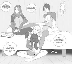 absurdres balloon_boy barefoot breasts clothed dragon_age elf_ears expressionless feet femdom femsub five_nights_at_freddy's foot_worship greyscale happy_trance hood hypnotized_dom leliana_(dragon_age) morrigan_(dragon_age) multiple_girls oo_sebastian_oo paper_pals sera_(dragon_age) short_hair spiral_eyes symbol_in_eyes text thighhighs rating:Safe score:95 user:Cell