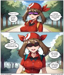 ai_art bangs breasts devianbar femsub glowing green_eyes happy_trance may midriff misty navel nintendo open_mouth orange_hair pokemon pokemon_(anime) ponytail short_hair shorts side_ponytail solo suspenders team_hypno tech_control text visor rating:Safe score:40 user:masutazu