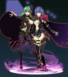 armor blue_hair cape catria_(fire_emblem) cleavage cleavage_cutout collar corruption eyeshadow female_only femsub fire_emblem fire_emblem_echoes fire_emblem_mystery_of_the_emblem gold green_hair hair_ornament happy_trance harrier_(fire_emblem) headband high_heels isobe_roll large_breasts lipstick long_hair magic mask nail_polish navel nintendo open_mouth palla_(fire_emblem) pink_eyes pink_sclera red_eyes shoulder_pads simple_background sisters smile tagme thigh_boots thighhighs thighs rating:Questionable score:14 user:wokeat4am