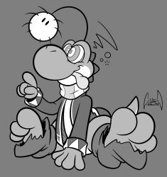  absurdres clothed dazed fuzzy_(yoshi's_island) greyscale happy_trance male_only malesub monochrome nintendo non-human_feet ring_eyes shirt signature silverdragon simple_background sitting smile solo super_mario_bros. tongue tongue_out torn_clothes yoshi yoshification  rating:safe score: user:hypnorgasm