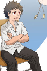 acro black_hair coin male_only malesub original pendulum red_eyes school_uniform short_hair sitting smile rating:questionable score: user:homolusts