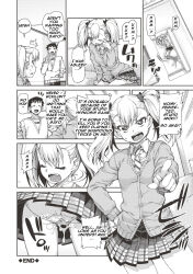 absurdres akitsuki_itsuki blonde_hair brother_and_sister comic couch cum cum_on_clothes greyscale hard_translated incest original ribbon school_uniform sitting text translated twintails rating:Explicit score:49 user:HypnoMangaEditor