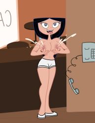 absurdres ahegao black_hair blue_eyes breasts cleavage disney drool erect_nipples eye_roll female_only femsub isabella_garcia-shapiro lactation large_breasts leneeh long_hair navel nipple_tweak open_mouth phineas_and_ferb phone ponytail short_shorts shorts solo spiral spiral_eyes standing symbol_in_eyes tongue tongue_out waitress rating:Explicit score:51 user:JustChilling