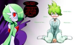  artist_request blush dazed drool edensnake_(manipper) empty_eyes evil_smile femdom gardevoir glowing glowing_eyes good_sub_conditioning green_hair happy_trance kneeling looking_at_viewer looking_back malesub manip mantra monster_girl nintendo okitsugu pokemon pokemon_(creature) pokemon_omega_ruby_and_alpha_sapphire psychic red_eyes short_hair shota smile text wally_(pokemon)  rating:questionable score: user:edensnake