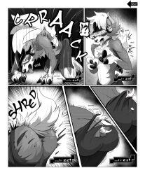 animal_transformation ass comic furry greyscale headphones lycanroc male_only malesub nintendo open_mouth original pokemon pokemon_(creature) progress_indicator right_to_left sweat tech_control text thought_bubble tongue_out torn_clothes toshabi transformation undressing visor wolf_boy rating:Explicit score:8 user:Hypnorgasm