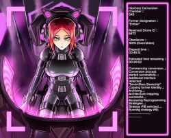 bodysuit bondage drone ember_rouge_(thf772) expressionless femsub green_eyes headphones hexcorp_(sleepystephbot) hypnotic_accessory hypnotic_screen latex original plasma-dragon red_hair restrained tech_control text rating:Safe score:55 user:Thf772