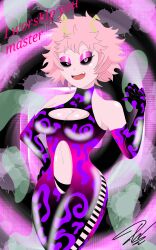 absurdres antenna black_sclera bodysuit breasts corruption defeated dialogue enemy_conversion eyeshadow female_only femsub gloves hand_on_hip happy_trance looking_at_viewer lorddandan midriff mina_ashido my_hero_academia opera_gloves pink_hair pink_skin pov pov_dom solo text rating:Questionable score:72 user:LordDanDan