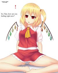 absurdres blonde_hair drool empty_eyes flandre_scarlet myuk open_mouth red_eyes side_ponytail text touhou vampire wings rating:Questionable score:28 user:Myuk