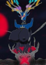  before_and_after breasts corruption ghosty horns nintendo plant pokemon pokemon_(creature) pokemon_x_and_y red_eyes resisting restrained tongue_out xerneas  rating:explicit score: user:ghosty