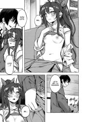 breasts comic dialogue empty_eyes femsub greyscale long_hair maledom monochrome sex_and_dungeon sitting small_breasts text undressing rating:Explicit score:25 user:Faraday