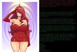 antenna breasts caption cleavage dialogue dress female_only femsub gloves goldengang-star_(writer) hair_covering_one_eye happy_trance huge_breasts konaloid large_breasts latex long_hair mitsuru_kirijo opera_gloves persona_(series) persona_3 red_eyes red_hair robotization saluting smile standing standing_at_attention symbol_in_eyes tech_control text tight_clothing very_long_hair rating:Questionable score:81 user:GoldenGang-Star