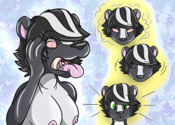 bodysuit costume fox0808 furry hypnotic_clothing latex living_costume malesub original sequence skunk_girl spiral_eyes symbol_in_eyes tongue tongue_out transformation transgender rating:questionable score: user:sleepyhead97