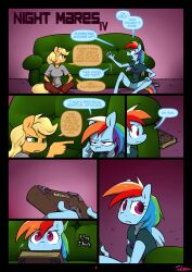 applejack blonde_hair book comic cowgirl female_only freckles green_eyes horse_girl long_hair multicolored_hair my_little_pony open_mouth pegasus_girl rainbow_dash rainbow_hair short_hair slypon text wings rating:Questionable score:43 user:TheGoodShank