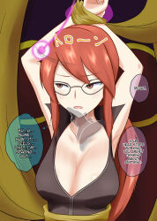 arms_above_head bondage breasts brown_eyes cleavage dialogue female_only femsub glasses hard_translated large_breasts lorelei na_shacho nintendo pendulum pokemon pokemon_(creature) pokemon_firered_and_leafgreen red_hair text translated rating:Questionable score:26 user:Zyfire