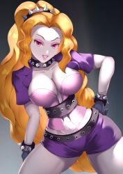 adagio_dazzle belt breasts cleavage collar corruption cuffs equestria_girls gloves haryudanto jacket large_breasts long_hair midriff my_little_pony pale_skin pink_eyes rock_of_succubus short_shorts smile studded_collar tattoo rating:Questionable score:67 user:DragonRager123