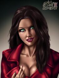 breasts brown_hair empty_eyes female_only femsub green_eyes happy_trance hypnotic_eyes large_breasts lipstick long_hair mezzberry open_mouth original rating:safe score: user:silver
