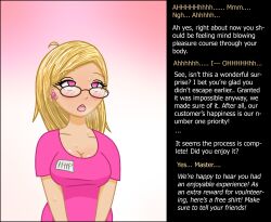 bimbofication blonde_hair blush breasts caption cleavage dialogue erect_nipples female_only femsub glasses httpwwwcom large_breasts parasite text rating:Questionable score:107 user:httpwwwcom