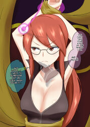 arms_above_head bondage breasts brown_eyes cleavage dialogue female_only femsub glasses hard_translated large_breasts lorelei na_shacho nintendo pendulum pokemon pokemon_(creature) pokemon_firered_and_leafgreen red_hair resisting text translated rating:Questionable score:24 user:Zyfire