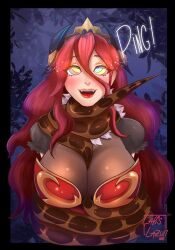 absurdres blush breasts cleavage coils crossover crown cygames disney dragalia_lost dragon dragon_girl dress fangs female_only femsub happy_trance horns jewelry kaa kaa_eyes lapislazuliart large_breasts long_hair maledom mym night nintendo open_mouth outdoors ping red_hair smile snake snake_boy text the_jungle_book rating:Questionable score:168 user:sk00