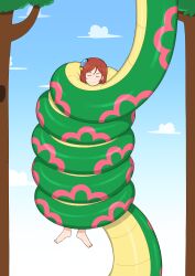 absurdres ariadoa barefoot breasts brown_hair cautious_hero closed_eyes coils creeperwisp feet female_only femdom femsub hair_ornament hannah_(violet_scales) large_breasts naga_girl original short_hair smile snake_girl rating:Questionable score:15 user:Hypnorgasm