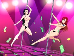 absurdres bikini_bottom black_hair breasts brown_eyes empty_eyes erect_nipples erza_scarlet fairy_tail female_only femsub happy_trance jimryu large_breasts long_hair money multiple_girls nico_robin one_piece pole_dancing red_hair stripper tattoo thong topless rating:Questionable score:156 user:greenboy07