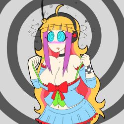  blonde_hair blue_eyes blush coin female_only femsub headphones long_hair original pink_hair spiral_background spiral_eyes vi_(vynil) zombi62  rating:questionable score: user:nothere4u