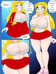 absurdres bimbofication blonde_hair blue_eyes blush breast_expansion breasts cleavage comic femsub happy_trance kobi94 large_breasts long_hair open_mouth original panties text transformation transgender underwear rating:Questionable score:87 user:dkx45