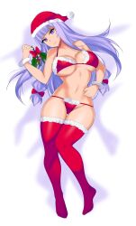 absurdres bikini bow breasts christmas empty_eyes female_only femsub hat hevn large_breasts long_hair looking_at_viewer mistletoe navel patchouli_knowledge purple_eyes purple_hair santa_hat solo thighhighs touhou rating:questionable score: user:icontrol