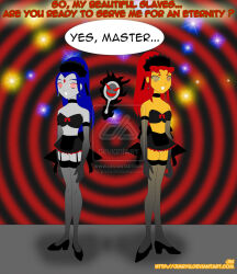 alien alien_girl blue_hair breasts dc_comics dialogue femsub grey_skin happy_trance jimryu large_breasts long_hair magic maid mirror ponytail possession raven red_hair spiral_eyes standing standing_at_attention starfire super_hero symbol_in_eyes teen_titans text thighhighs western rating:Questionable score:46 user:hypno