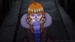  crimson_lullaby femsub glasses kneeling nerd orange_hair porniky ring_eyes spiral_eyes twin_braids  rating:explicit score: user:polishguy