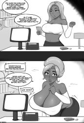  abarus absurdres alternate_hairstyle before_and_after bimbofication brain_drain breast_expansion breasts comic dark_skin dialogue femsub greyscale happy_trance huge_breasts lip_expansion monochrome smile text  rating:questionable score: user:sk00