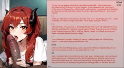 ai_art bed cuddling demon demon_girl dittouh_(generator) fellatio femdom horns hypnotic_massage long_hair male_pov malesub massage night office office_lady oral orange_eyes pov red_hair shirt story succubus tongue tongue_out yellow_eyes rating:Explicit score:6 user:Dittouh