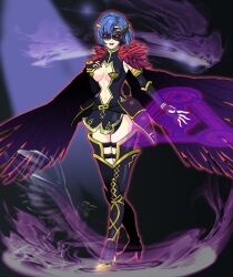 armor aura bird blue_hair cape catria_(fire_emblem) cleavage_cutout corruption eyebrows_visible_through_hair eyeshadow female_only femsub fire_emblem fire_emblem_echoes fire_emblem_mystery_of_the_emblem gloves gold hair_ornament happy_trance harrier_(fire_emblem) headband high_heels isobe_roll lipstick mask nail_polish navel nintendo red_eyes short_hair simple_background solo tagme thigh_boots thighs rating:Questionable score:8 user:wokeat4am