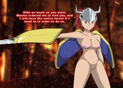 absurdres armpits bare_breasts bare_legs bare_shoulders bottomless breasts collarbone corruption digimon disguised_hypnotist empty_eyes female_only femsub flame helmet nude pussy red_eyes red_hair smile solo text topless transformation wargreymon rating:Explicit score:38 user:DisguisedHypnotist