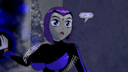 aware breast_expansion clothed confused dc_comics dialogue dogdog english_text female_only goth grey_skin magic purple_eyes purple_hair raven solo text rating:Explicit score:4 user:Bootyhunter69