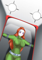 bodysuit bondage breasts haryudanto hypnotic_accessory large_breasts long_hair mask orange_hair sam solo spiral_eyes symbol_in_eyes totally_spies rating:Questionable score:12 user:TheGoodShank