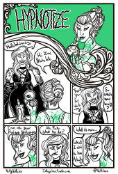 black_lipstick breasts cleavage clothed collar comic corset dress fangs female_only goth hair_buns humor inkeyeliner jacket large_breasts lipstick long_hair makeup original tattoo text vampire wednesday_(samschechter) werewolf werewolf_girl zev_(inkeyeliner) rating:Questionable score:21 user:Kyrid