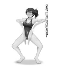 ahegao blush brown_hair erect_nipples female_only femsub haigure happy_trance leotard open_mouth ponytail see-through simple_background solo spread_legs text rating:Questionable score:3 user:Sleepyhead97