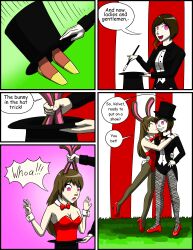 absurdres brown_hair bunny_ears bunny_girl bunnysuit circus coco_adel comic cuffs female_only femdom femsub fishnets happy_trance hat high_heels hypnotized_dom long_hair open_mouth pantyhose rwby text tf-circus velvet_scarlatina rating:Questionable score:57 user:TheGoodShank