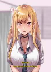 amagiri_miki blonde_hair blush breasts choker cleavage collarbone earrings femsub hard_translated large_breasts long_hair maledom marin_kitagawa my_dress-up_darling open_mouth red_eyes school_uniform surprised text tie tongue translated trigger rating:Safe score:24 user:roseateheart