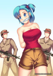 arms_behind_back black_hair blue_hair blush bondage breasts bulma_briefs cleavage dragon_ball femsub gag gun hadant hat large_breasts maledom short_hair signature weapon rating:Questionable score:43 user:TheGoodShank