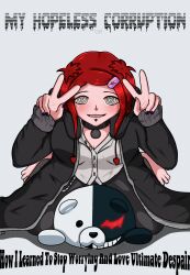 absurdres blackwidowx blush dangan_ronpa drool monokuma spiral_eyes symbol_in_eyes text xania_(blackwidowx) rating:Questionable score:58 user:BlackWidow69x