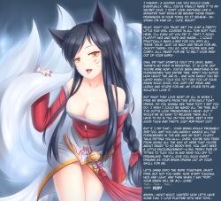 ahri black_hair braid brain_drain breasts caption caption_only cleavage collarbone dress female_only femdom fox_ears fox_girl fox_tail hypnotic_breasts hypnotic_tail large_breasts league_of_legends long_hair looking_at_viewer manip multiple_tails nail_polish open_mouth pheromones pov pov_sub ribbon ricegnat sleep_command ta75_(manipper) tail text thighs tongue tongue_out yellow_eyes rating:Questionable score:284 user:TA75