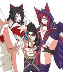 ahri_(league_of_legends) animal_ears black_hair breasts epko femsub fingering fox_girl happy_trance kayn_(league_of_legends) kitsune_girl league_of_legends maledom manip open_mouth pussy smile spiral_eyes standing_split swagonymous_(manipper) symbol_in_eyes tongue tongue_out xayah_(league_of_legends) rating:explicit score: user:swagonymous