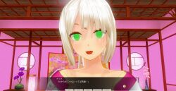 3d blush breasts dialogue female_only femsub green_eyes happy_trance japanese_clothing kamen_writer_mc kimono large_breasts lipstick mc_trap_town ponytail red_lipstick screenshot solo spiral_eyes symbol_in_eyes text translated white_hair rating:Questionable score:7 user:Amazingbrahjr