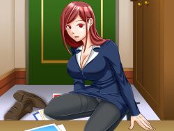 artist_request blush bra breasts character_request cleavage empty_eyes expressionless femsub huge_breasts kneeling long_hair milf office_lady pantyhose red_hair saiminjutsu_wo_te_ni_ireta skirt suit sweat underwear rating:Questionable score:26 user:hypno
