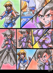 absurdres alexis_rhodes black_hair blonde_hair blush breast_expansion breasts chazz_princeton femdom kyo-domesticfucker large_breasts long_hair open_mouth short_hair torn_clothes traditional transformation transgender yu-gi-oh! yu-gi-oh!_gx rating:Questionable score:37 user:TheGoodShank