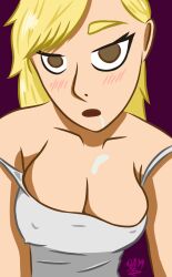 aurora_(jabberwocky) blonde_hair breasts cleavage collarbone dazed drool empty_eyes femsub large_breasts offlineapril open_mouth original tank_top rating:questionable score: user:jabberwocky